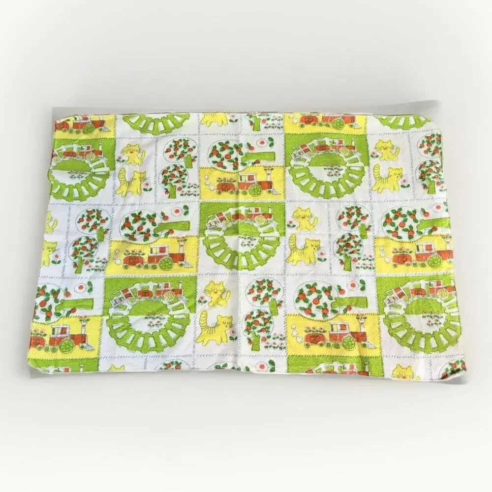 Vintage Baby Receiving Blanket Green Yellow Orange Trees Cats Trains 26x39